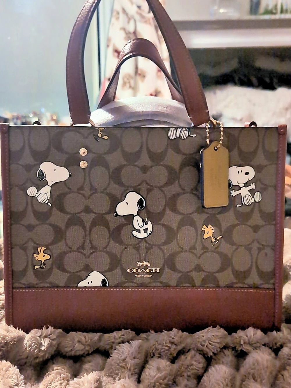 Coach x Peanuts Dempsey Carryall in Signature Canvas with Snoopy Woodstock Print